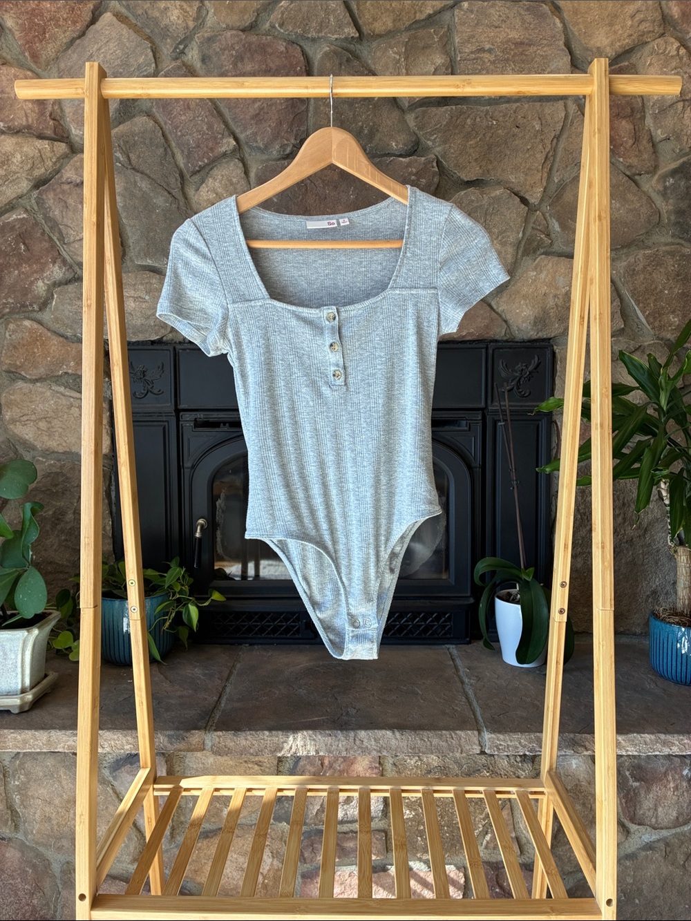 SO Light Gray Ribbed Square Neck Bodysuit with Buttons